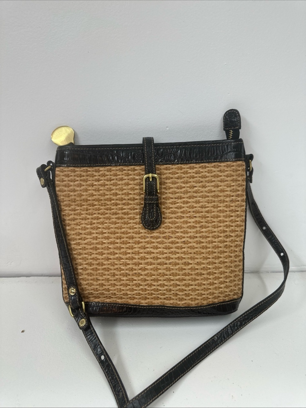 Brahmin Crossbody Bag Woven Raffia Melbourne Croc Embossed Leather Brown Gold